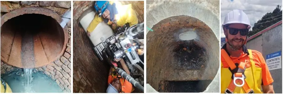 Four photos of old brick pipe rehabilitation, including a crew working inside a pipe and a worker in a safety harness