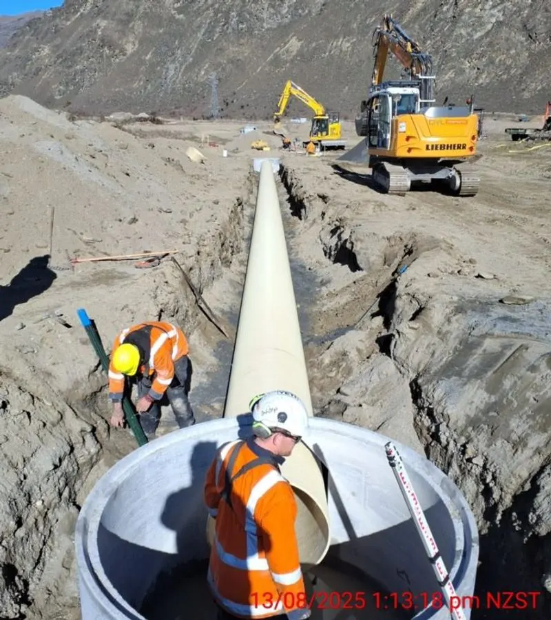 Pipe crew in hi-vis laying a long pipeline from a concrete manhole, excavators behind